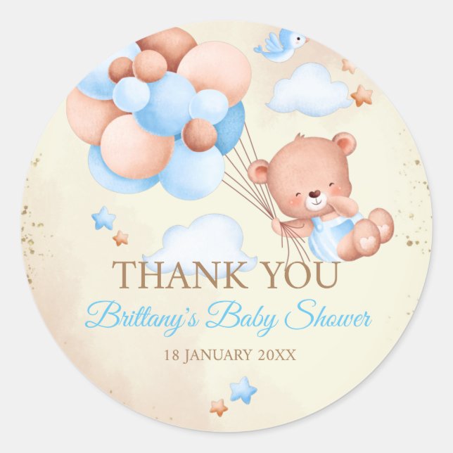 Teddy bear with brown and blue balloons and clouds classic round sticker (Front)