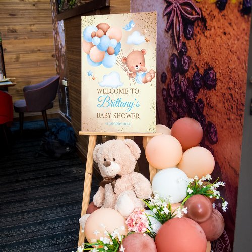 Teddy bear with brown and blue balloons and clouds foam board