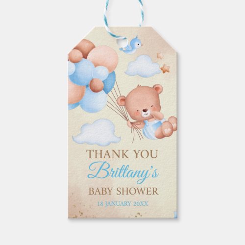 Teddy bear with brown and blue balloons and clouds gift tags