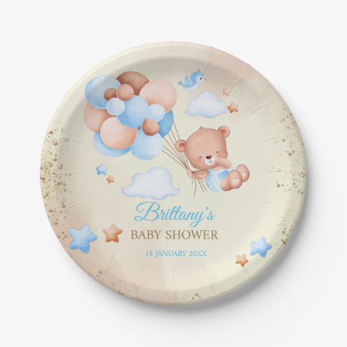 Teddy bear with brown and blue balloons and clouds paper plates