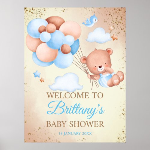 Teddy bear with brown and blue balloons and clouds poster