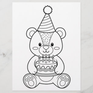 Teddy Bear with Cake Coloring Page