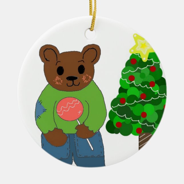 Teddy Bear with Christmas Tree Ceramic Ornament (Front)
