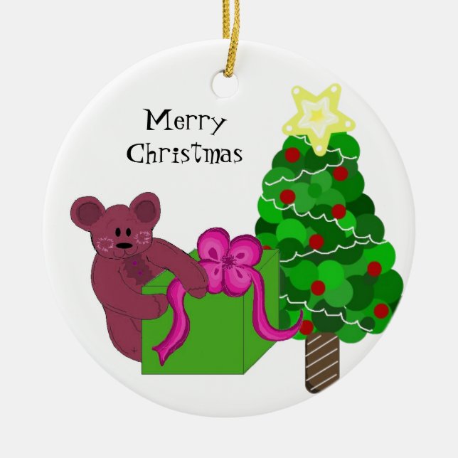 Teddy Bear with Christmas Tree Ceramic Ornament (Front)