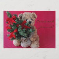 teddy bear with Christmas tree invitation