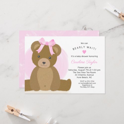 Teddy Bear with Cute Pink Bow Baby Girl Shower Invitation