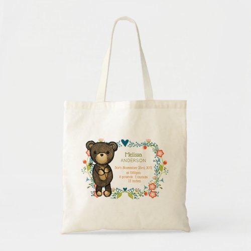 Teddy Bear with Decorative Flowers Baby Birth Tote Bag