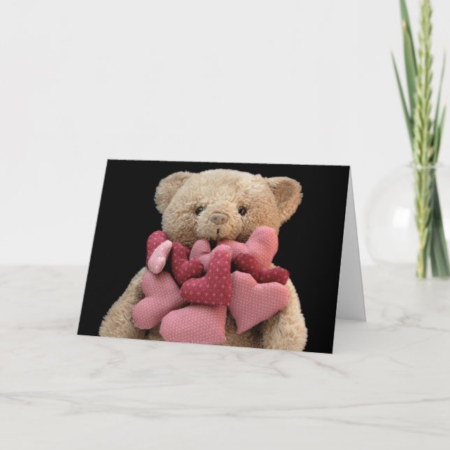teddy bear with fabric hearts greeting card (Front)