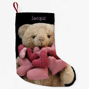 Teddy bear with fabric hearts small christmas stocking
