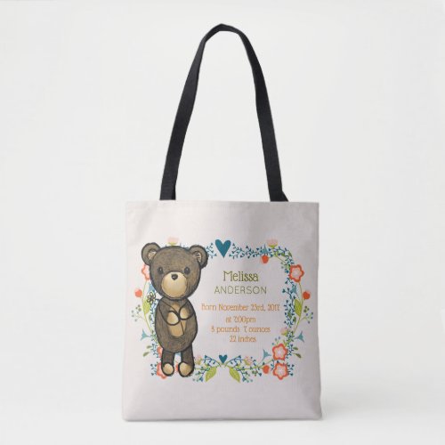 Teddy Bear with Floral Designs Baby Birth Tote Bag