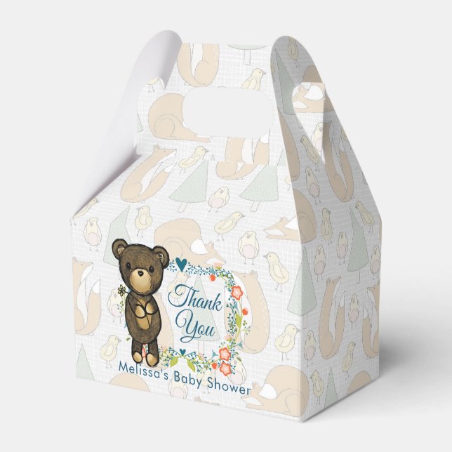 Teddy Bear with Floral Wreath Baby Shower Favor Boxes (Front Side)
