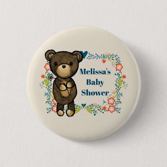 Teddy bear with Floral Wreath Baby Shower Pinback Button (Front)