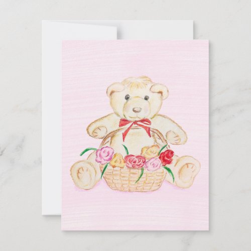 Teddy Bear with Flower Basket Flat Note Card