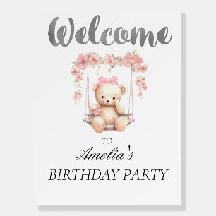 Teddy Bear with flowers birthday Welcome Sign