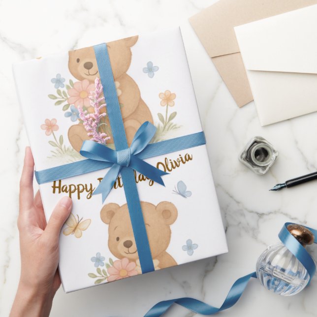Teddy Bear with Flowers Personalized Birthday Gift Wrapping Paper (Gifting)