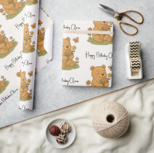 Teddy Bear with Flowers Personalized - Birthday  Wrapping Paper