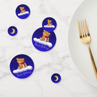 Teddy Bear with Gift - Happy Birthday Confetti