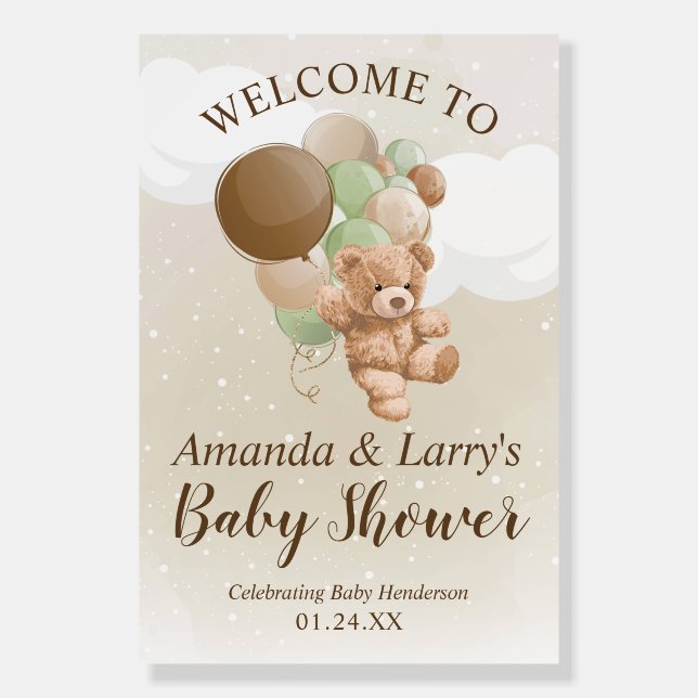 Teddy Bear with Green and Brown Balloons Welcome Foam Board (Front)