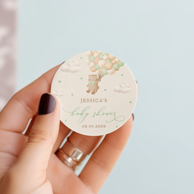 Teddy Bear with Green Balloons Baby Shower Classic Round Sticker (Creator Uploaded)