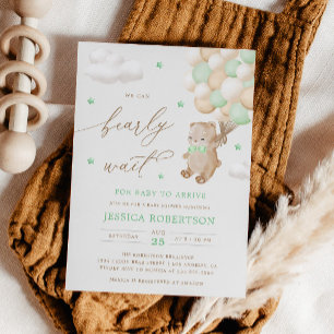 Teddy Bear with Green Balloons Baby Shower Invitation