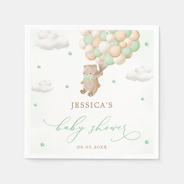 Teddy Bear with Green Balloons Baby Shower Napkins (Front)