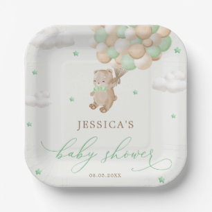 Teddy Bear with Green Balloons Baby Shower Paper Plates