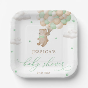 Teddy Bear with Green Balloons Baby Shower Paper Plates