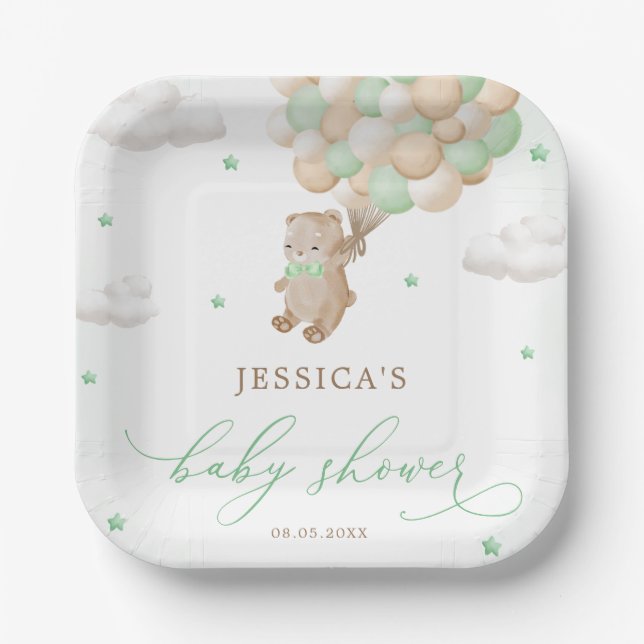 Teddy Bear with Green Balloons Baby Shower Paper Plates (Front)