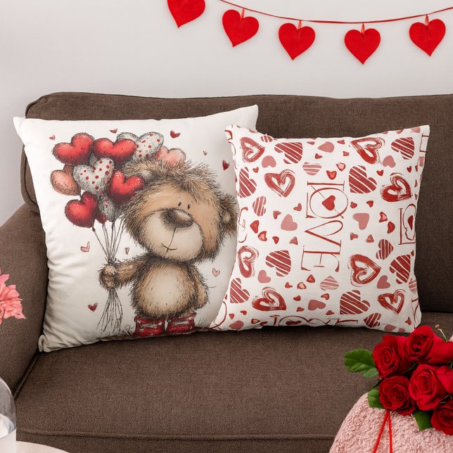 Teddy Bear With Heart Balloons & LOVE Pattern Throw Pillow (Creator Uploaded)