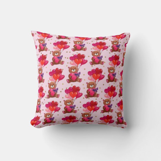Teddy Bear With Heart Balloons Pattern Throw Pillow (Front)