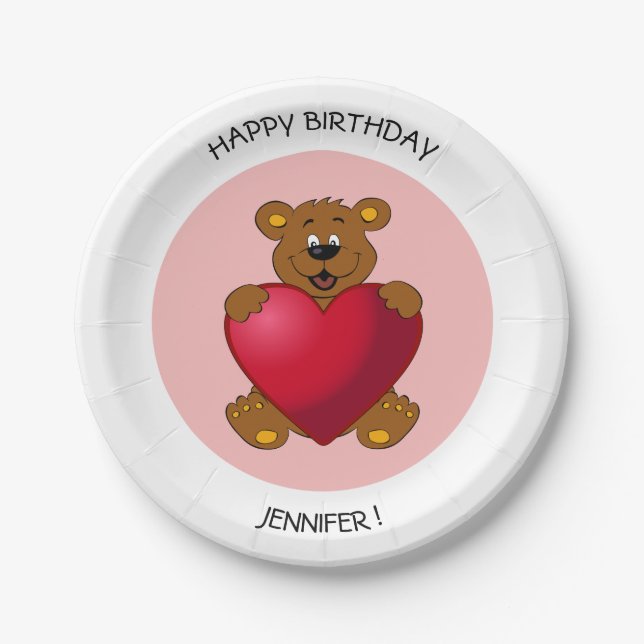 Teddy bear with heart cartoon kids birthday name paper plates (Front)