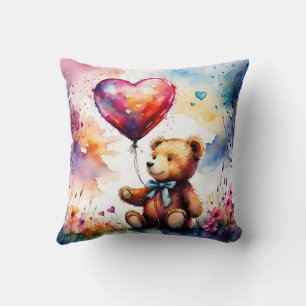 Teddy bear with Heart shaped balloons Throw Pillow