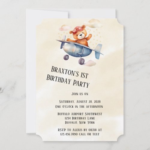 Teddy Bear With His Airplane 1st Birthday Party Invitation