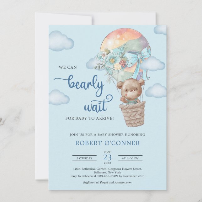 Teddy bear with hot air balloon boy invitation (Front)
