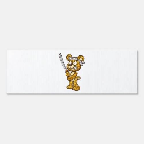 teddy bear with jaguar pattern holding a sword and sign