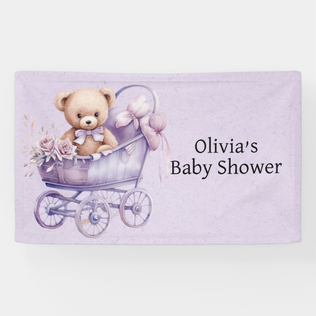 Teddy Bear With Lavender Carriage Girl Baby Shower Banner (Horizontal)