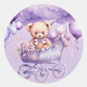 Teddy Bear With Lavender Carriage Girl Baby Shower Classic Round Sticker