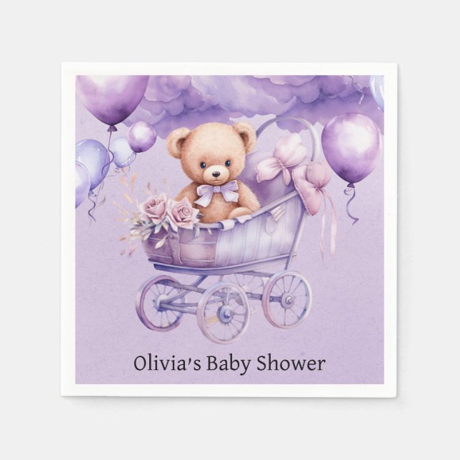Teddy Bear With Lavender Carriage Girl Baby Shower Napkins (Front)