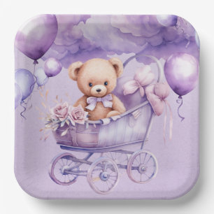 Teddy Bear With Lavender Carriage Girl Baby Shower Paper Plates