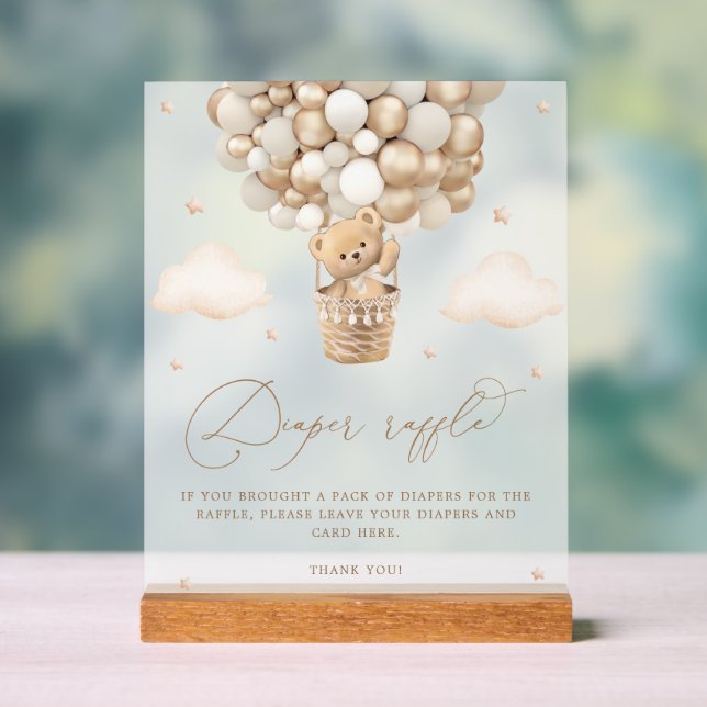 Teddy Bear with Neutral Balloon Diaper Raffle Acrylic Sign (Neutral)