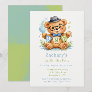 Teddy Bear with ONE Banner 1st. Birthday  Invitation
