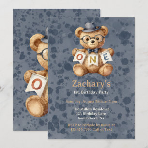 Teddy Bear with ONE Banner 1st. Birthday Party Invitation