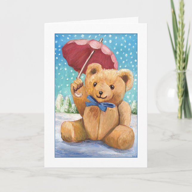 Teddy Bear with Parasol Christmas Holiday Card (Front)