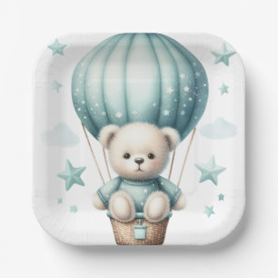 TEDDY BEAR WITH PASTEL GREEN BALLOON PAPER PLATES