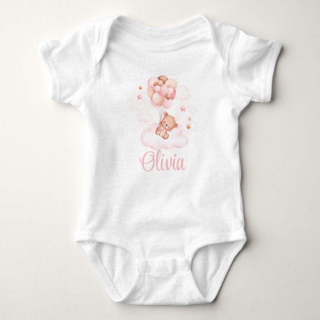 Teddy Bear with Pink Balloon Custom Name Baby Bodysuit (Front)