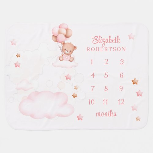 Teddy Bear with Pink Balloons Baby Milestone Baby Blanket