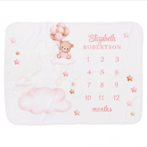 Teddy Bear with Pink Balloons Baby Milestone Blanket