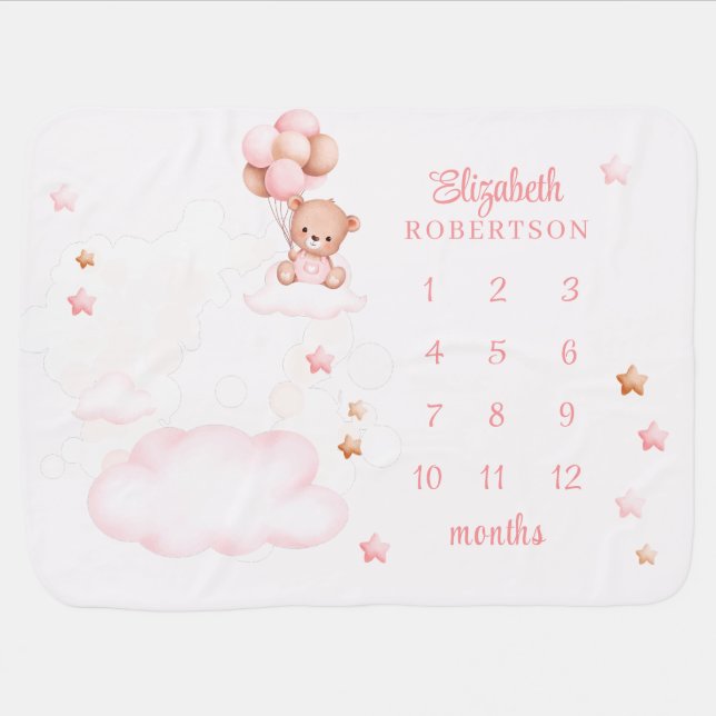 Teddy Bear with Pink Balloons Baby Milestone Blanket (Horizontal)