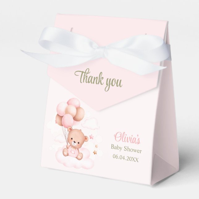 Teddy Bear with Pink Balloons Baby Shower Favor Boxes (Front Side)