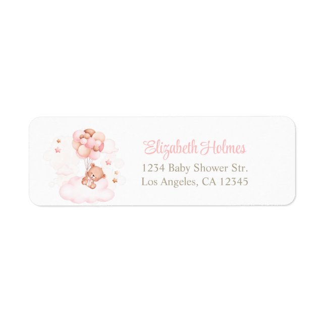 Teddy Bear with Pink Balloons Baby Shower Label (Front)